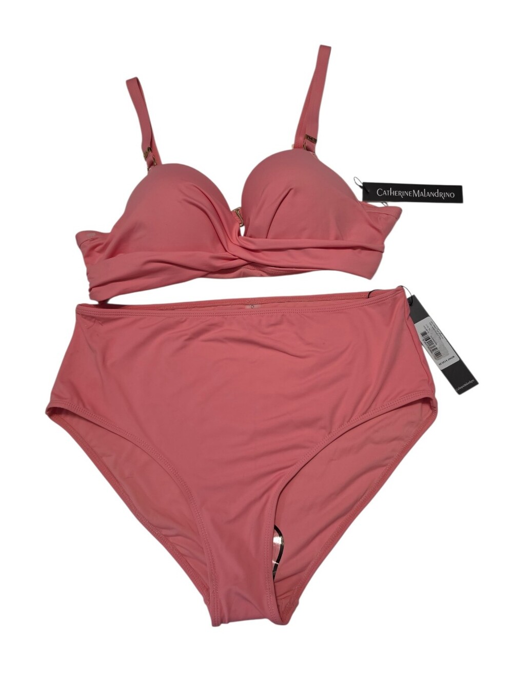 Catherine Malandrino Flamingo Pink Twist-Top High Waisted-Bottom Bikoni Set XL